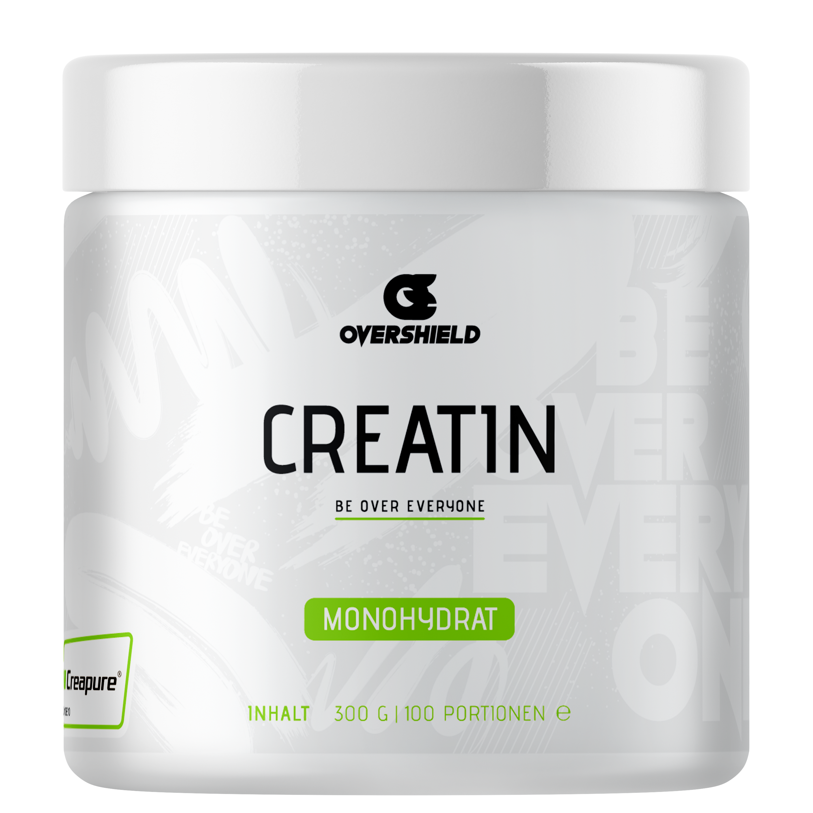Overshield Creatine Monohydrate - Creapure® in weißer Dose mit 100 Portionen.