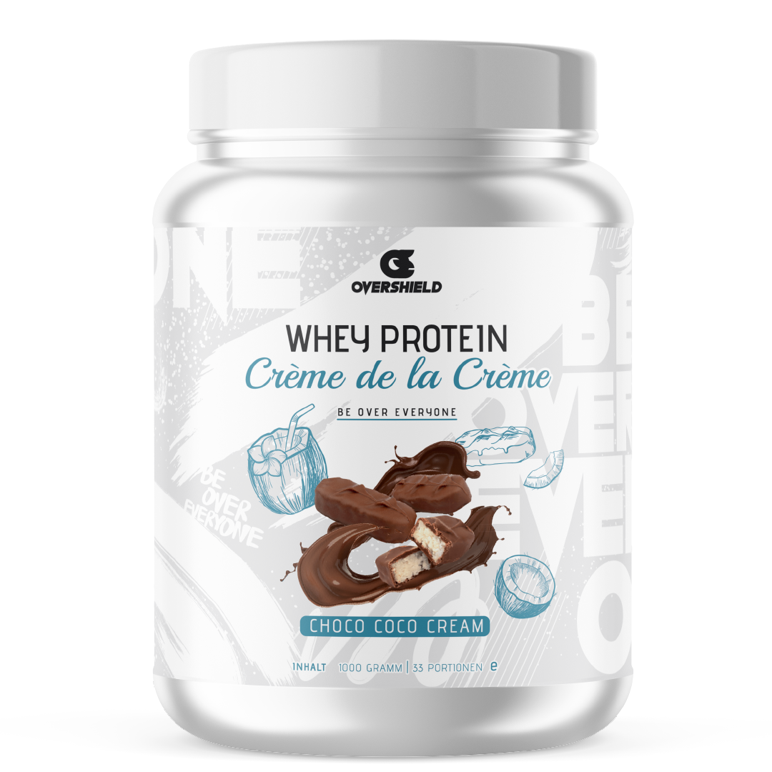 Choco Coco Cream Whey Protein in einer weißer Dose mit dem Schriftzug Crème de la Créme. Der Inhalt entspricht 33 Portionen.