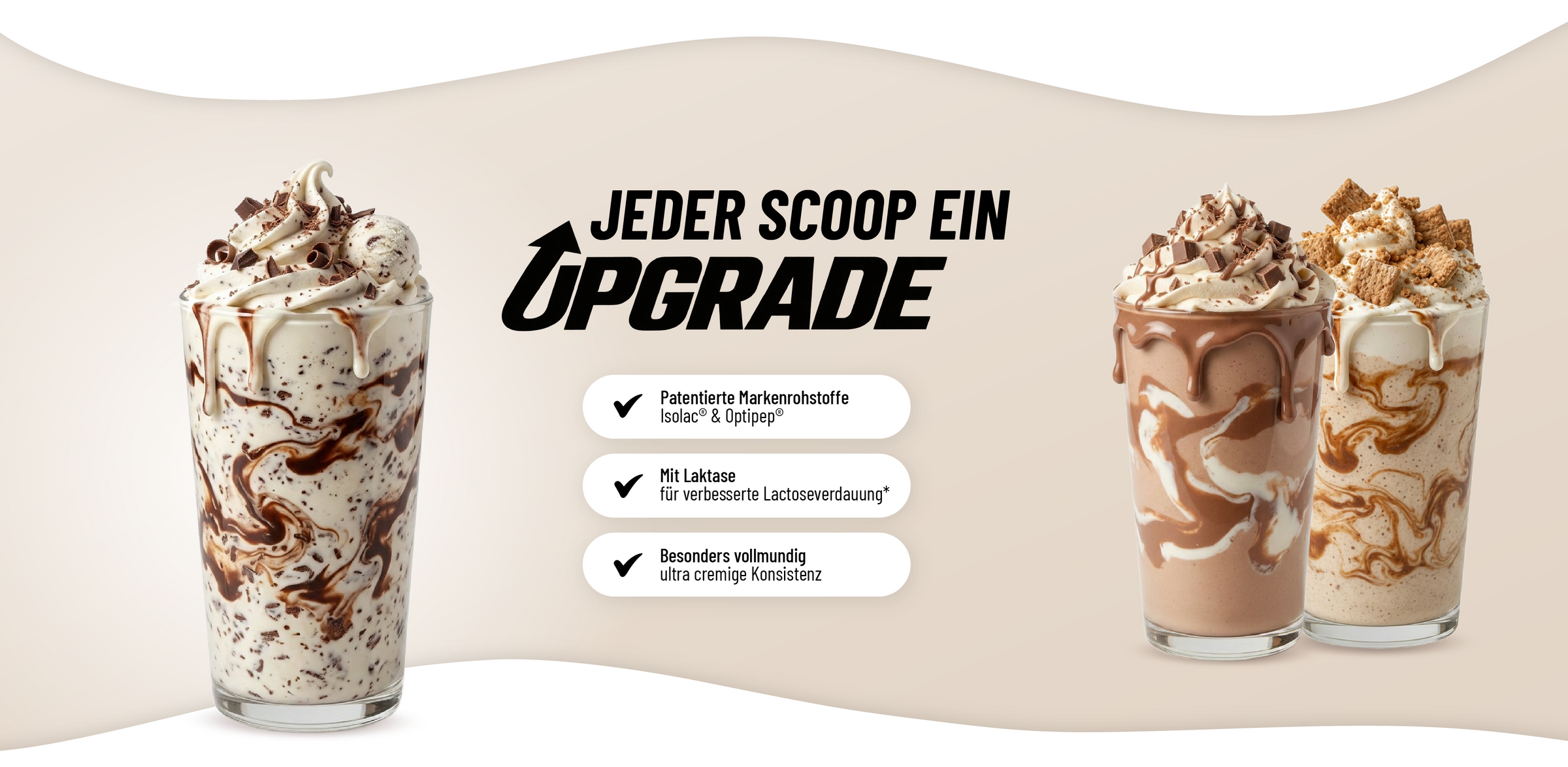 3 Milkshake Gläser mit Schokolade, Zimt und Stracciatella