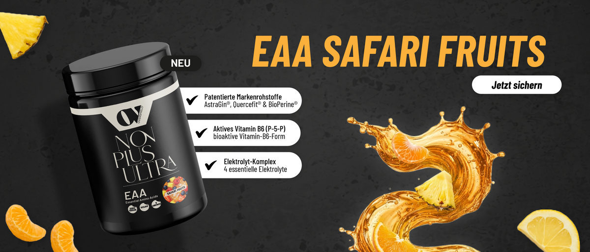 Supplement Dose auf schwarzem hintergrund mit schriftzug EAA safari fruits und einzelnen früchten anananas mandarine zitrone