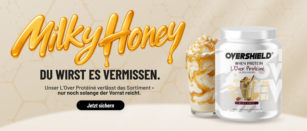 Honig Protein Shaker und Proteindose . Schriftzug aus Honig.