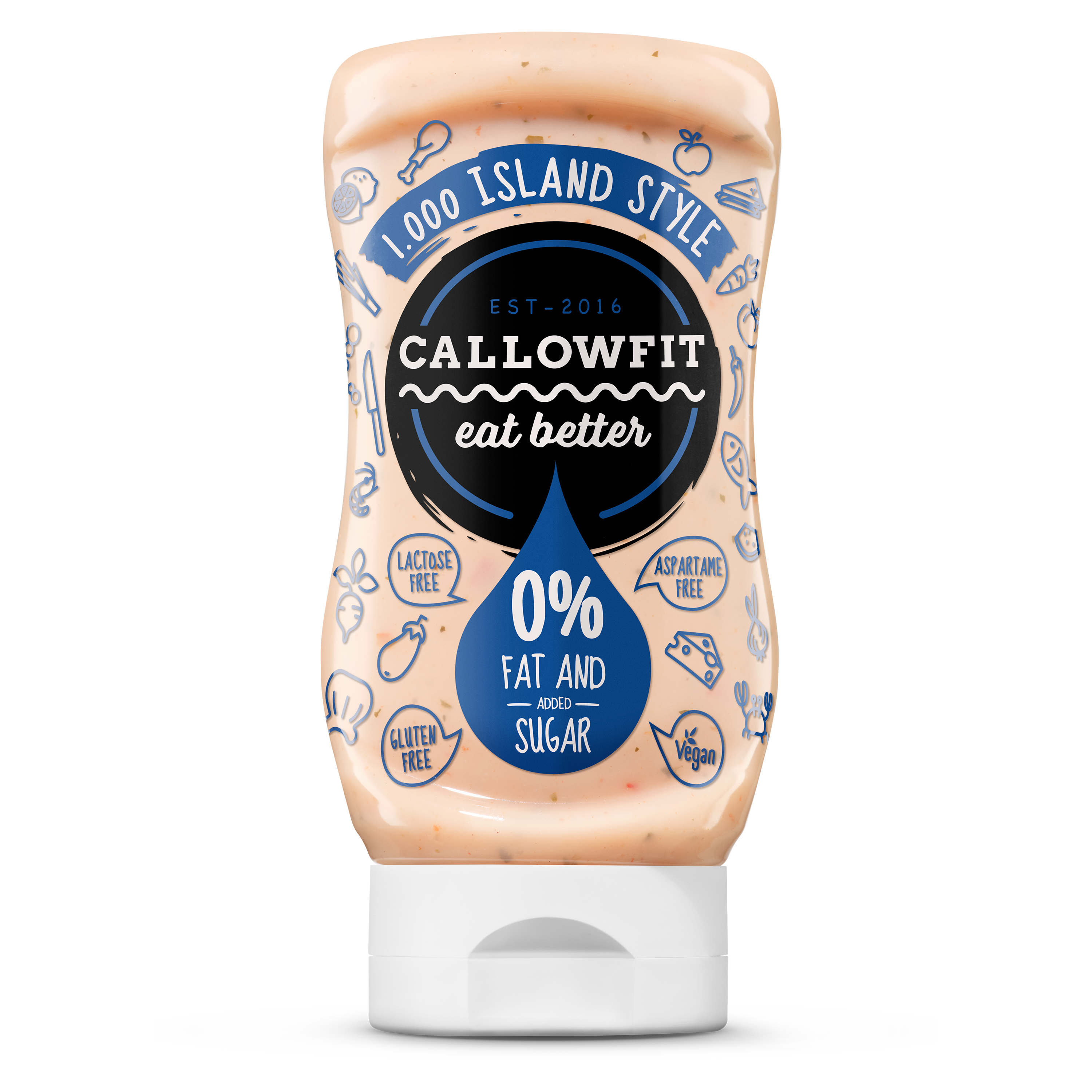 CALLOWFIT Sauce im Geschmack Island Style mit 0% Fett und Zucker in einer Tube mit blauen Aufdruck.