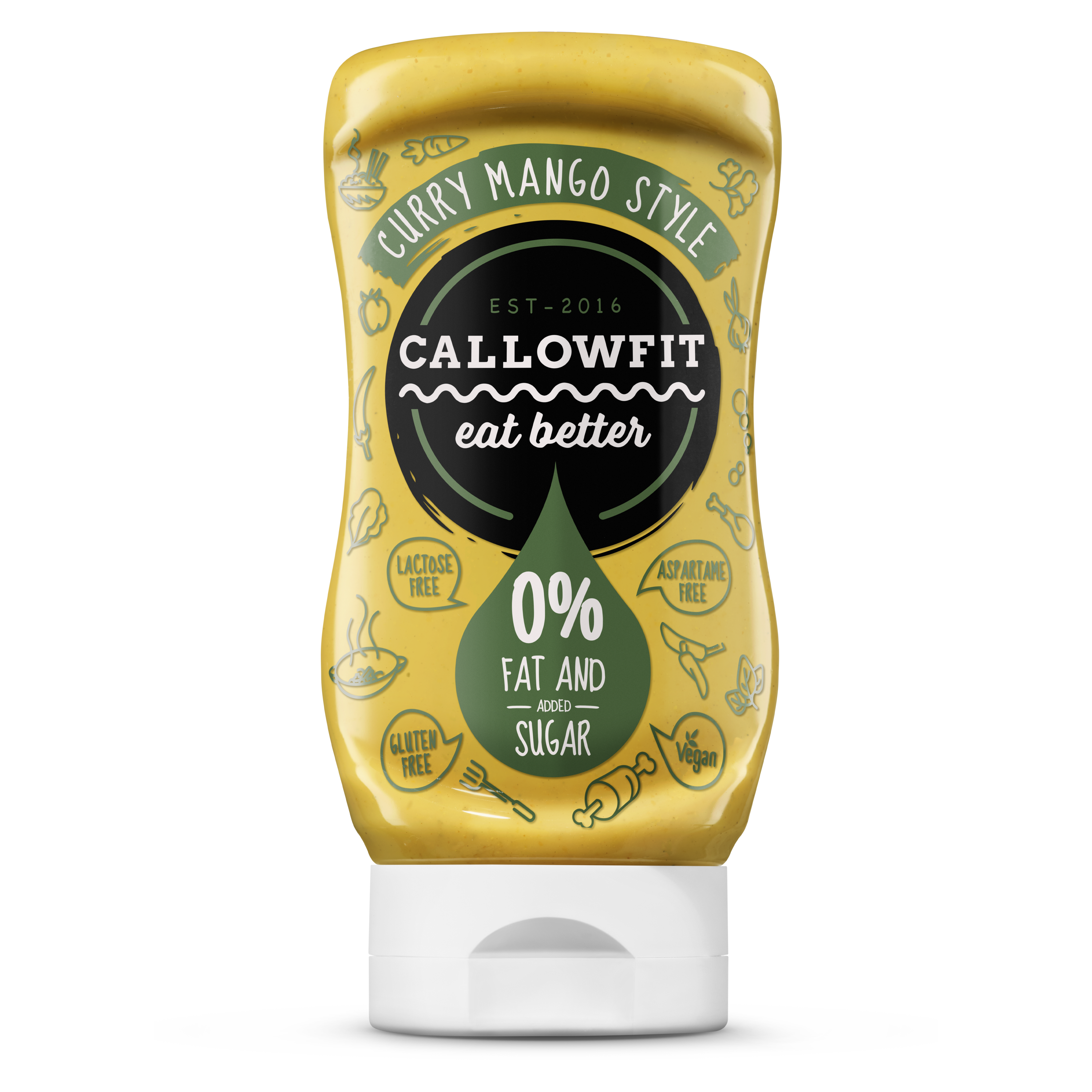 CALLOWFIT Sauce im Geschmack Curry Mango Style mit 0% Fett und Zucker in einer Tube mit bunten Aufdruck.