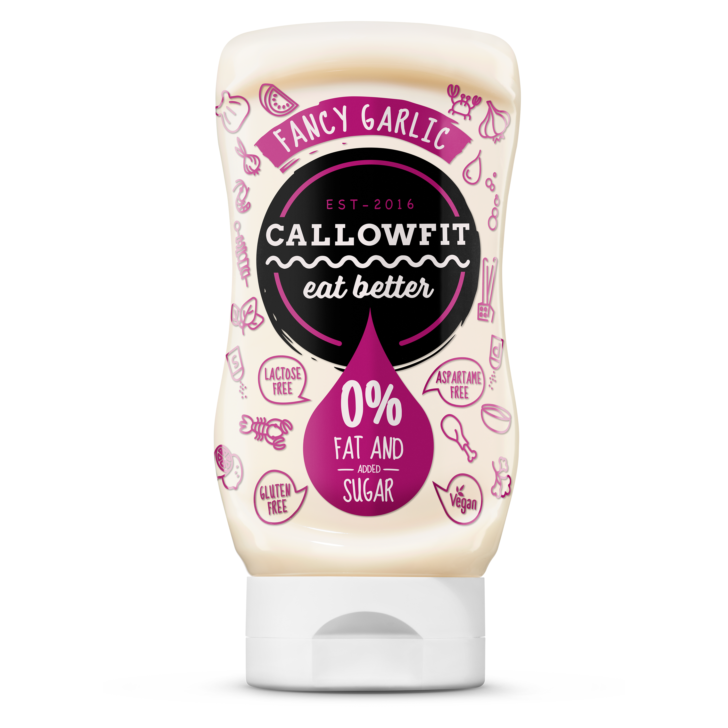 CALLOWFIT Sauce im Geschmack Fancy Garlic Style mit 0% Fett und Zucker in einer Tube mit bunten Aufdruck.
