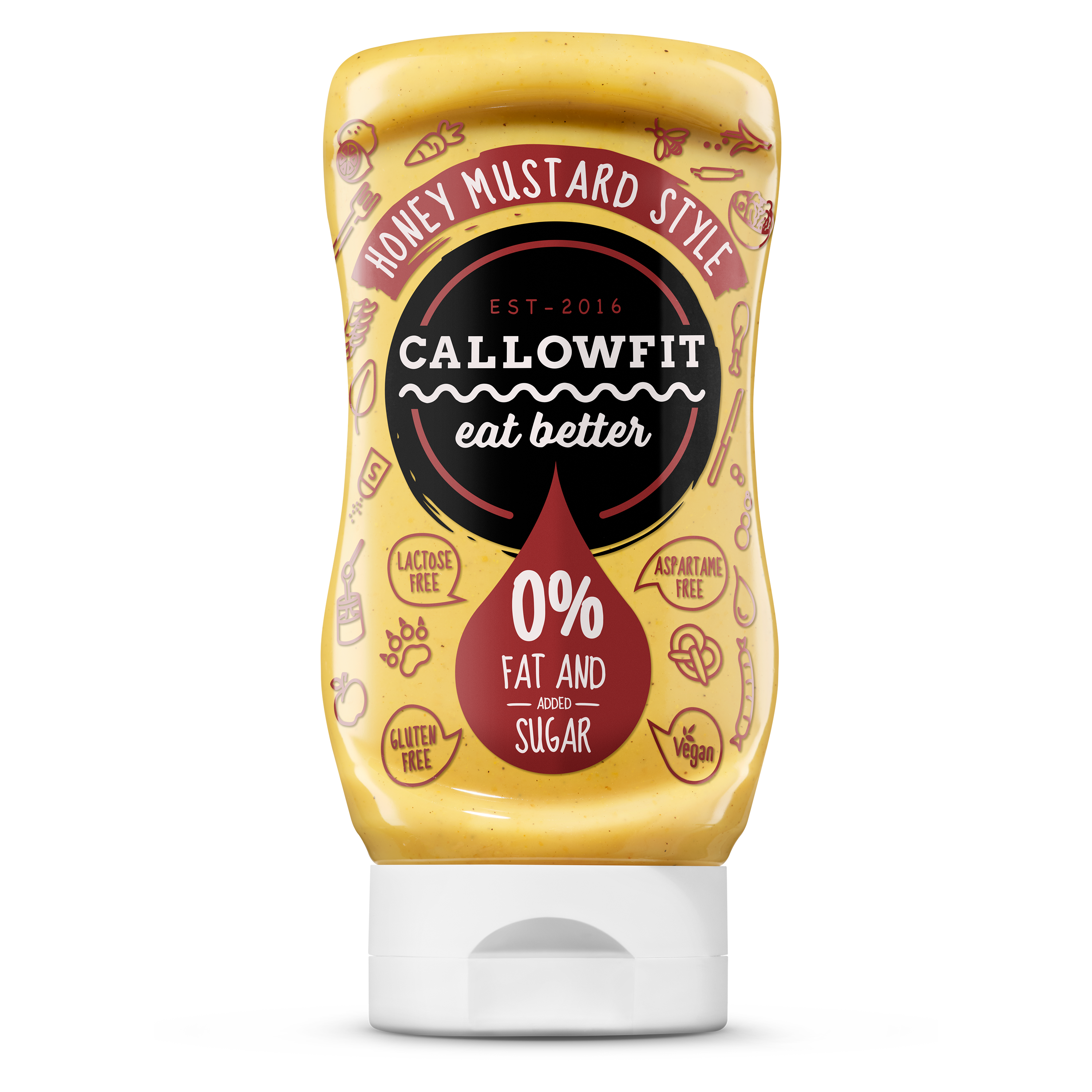 CALLOWFIT Sauce im Geschmack Honey Mustard mit 0% Fett und Zucker in einer Tube mit bunten Aufdruck.