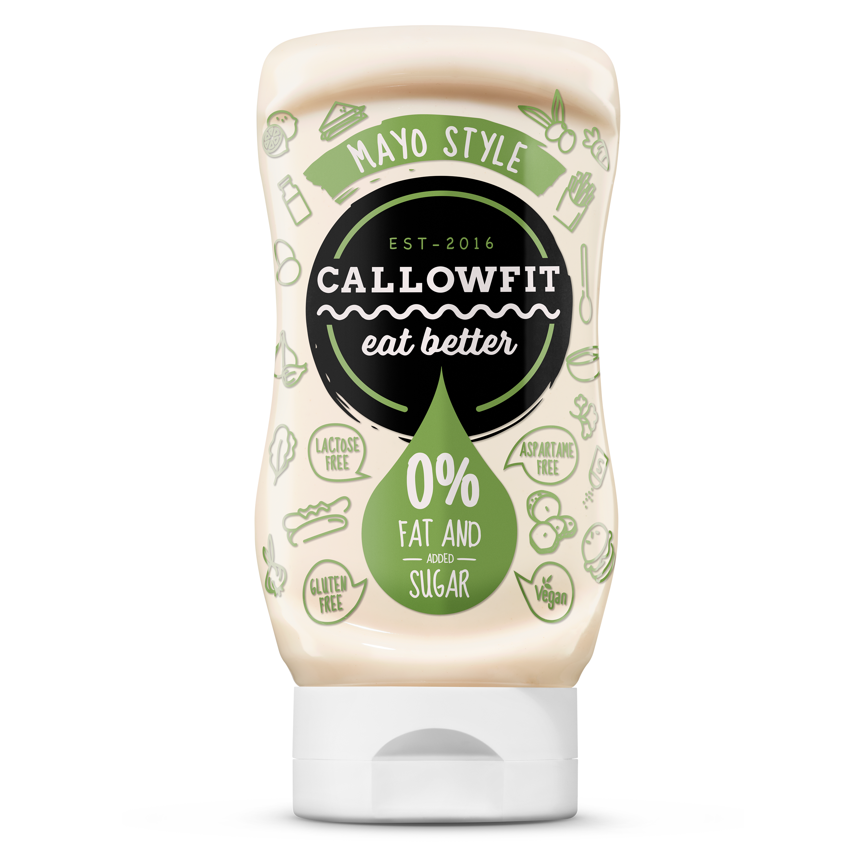 CALLOWFIT Sauce im Geschmack Mayo Style mit 0% Fett und Zucker in einer Tube mit bunten Aufdruck.