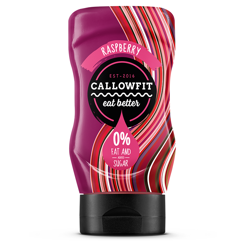 CALLOWFIT Sauce im Geschmack Raspberry mit 0% Fett und Zucker in einer Tube mit bunten Aufdruck.