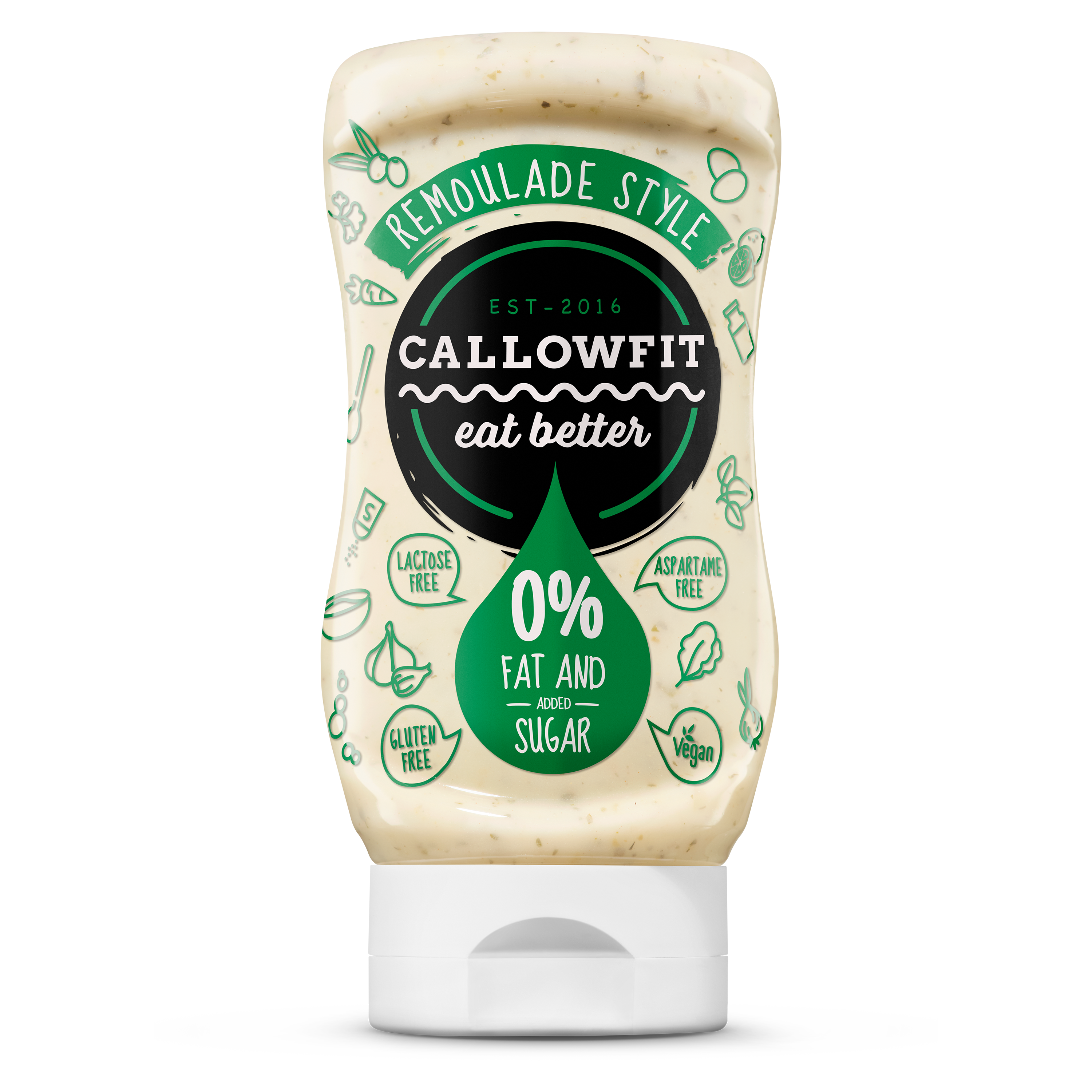 CALLOWFIT Sauce im Geschmack Remoulade Style mit 0% Fett und Zucker in einer Tube mit bunten Aufdruck.