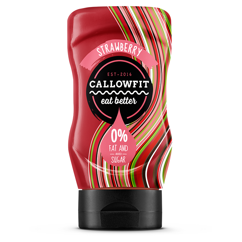 CALLOWFIT Sauce im Geschmack Strawberry mit 0% Fett und Zucker in einer Tube mit bunten Aufdruck.