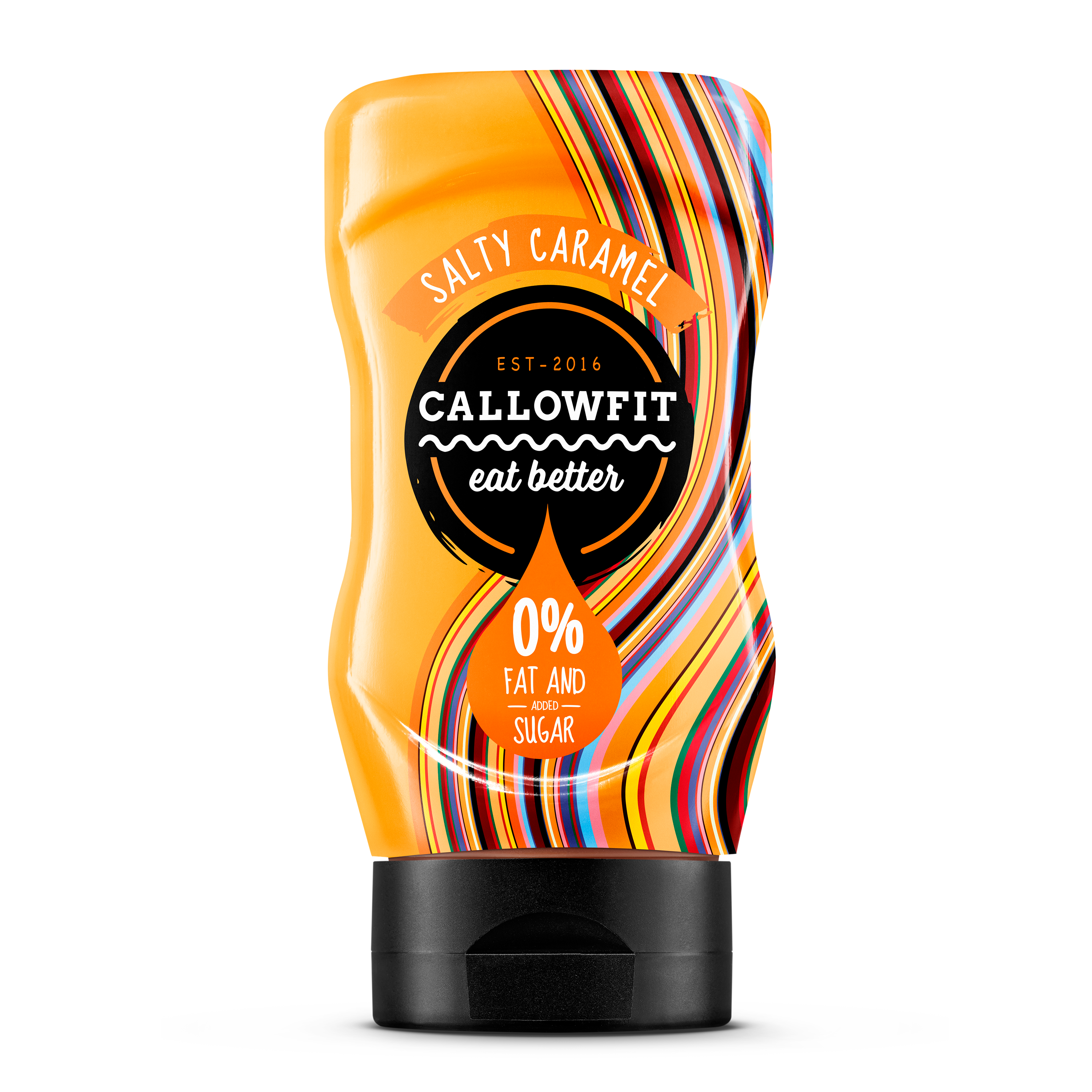 CALLOWFIT Sauce im Geschmack Salty Caramel mit 0% Fett und Zucker in einer Tube mit bunten Aufdruck.