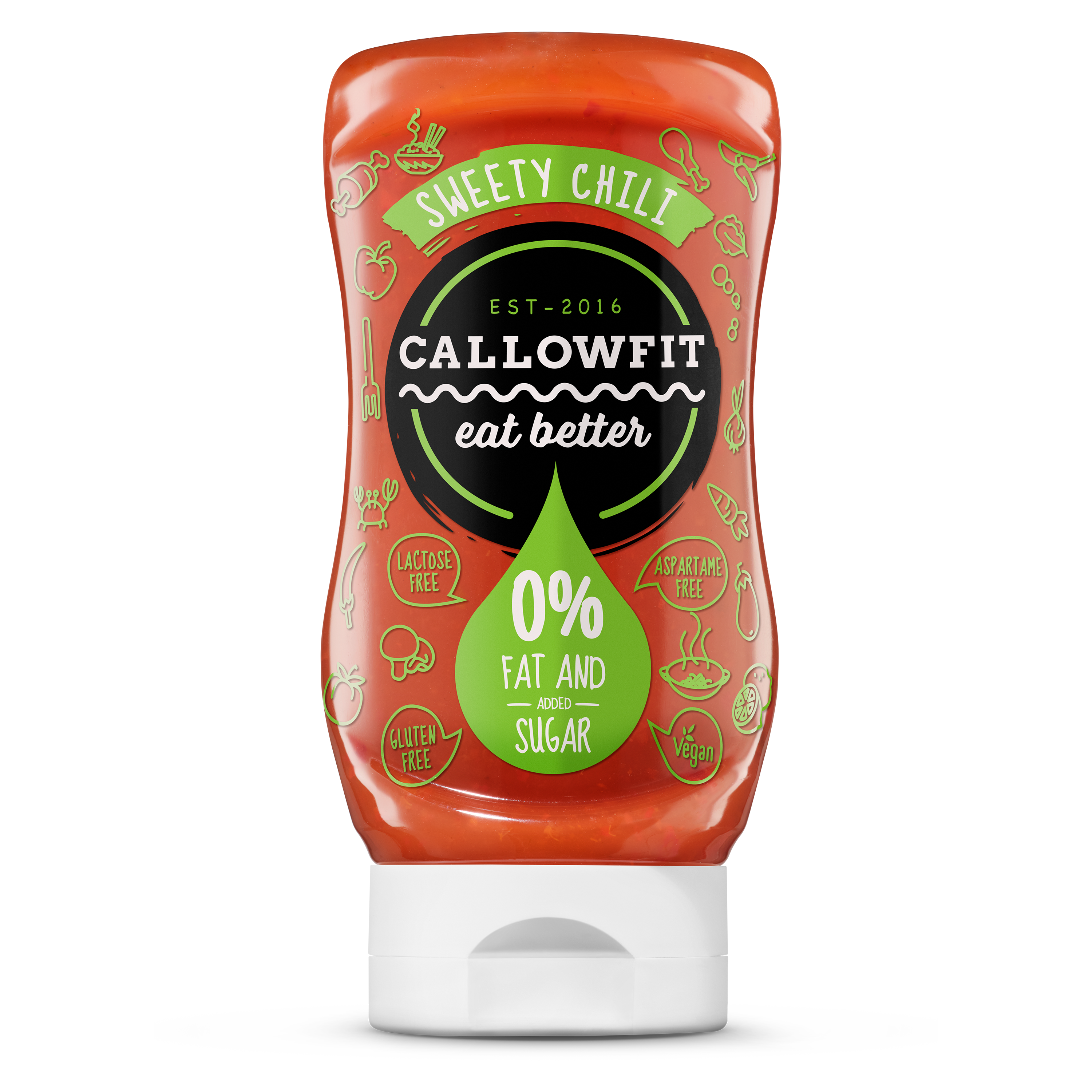 CALLOWFIT Sauce im Geschmack Sweety Chili mit 0% Fett und Zucker in einer Tube mit bunten Aufdruck.