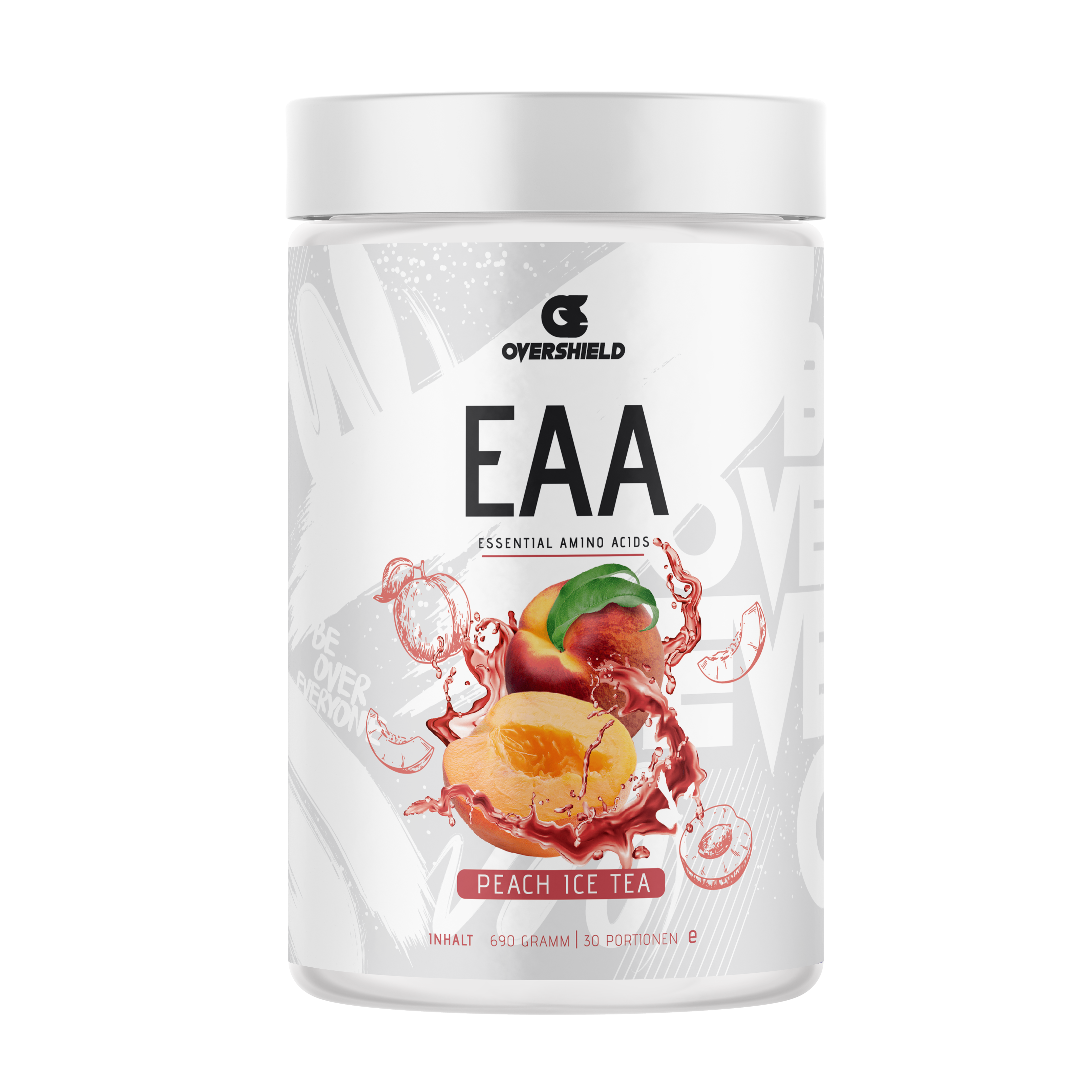 Peach Ice Tea EAA Aminosäuren in weißer Dose von Overshield. Der Inhalt entspricht 33 Portionen. Pfirsiche mit Wasser.