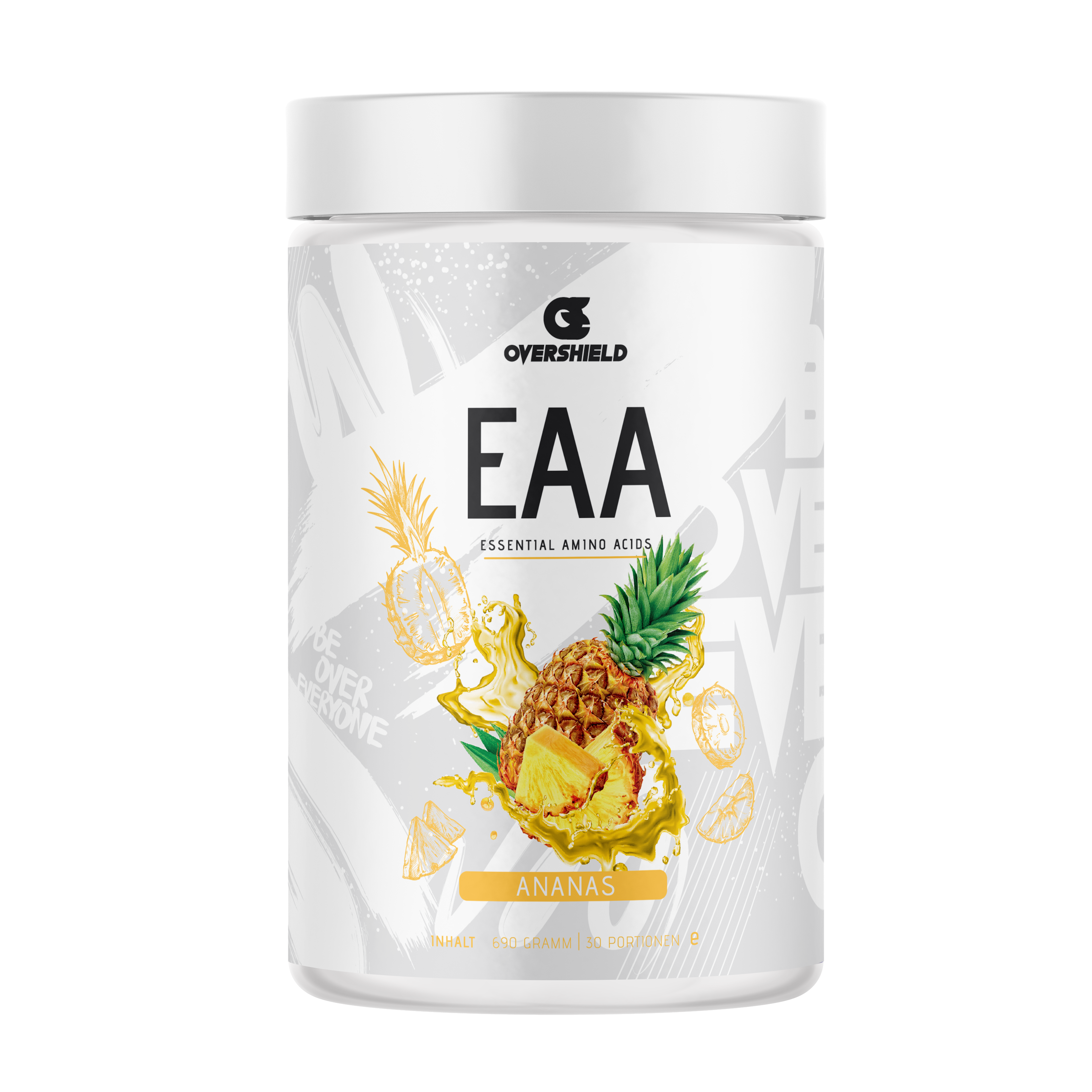 Ananas EAA Aminosäuren in weißer Dose von Overshield. Der Inhalt entspricht 33 Portionen. 