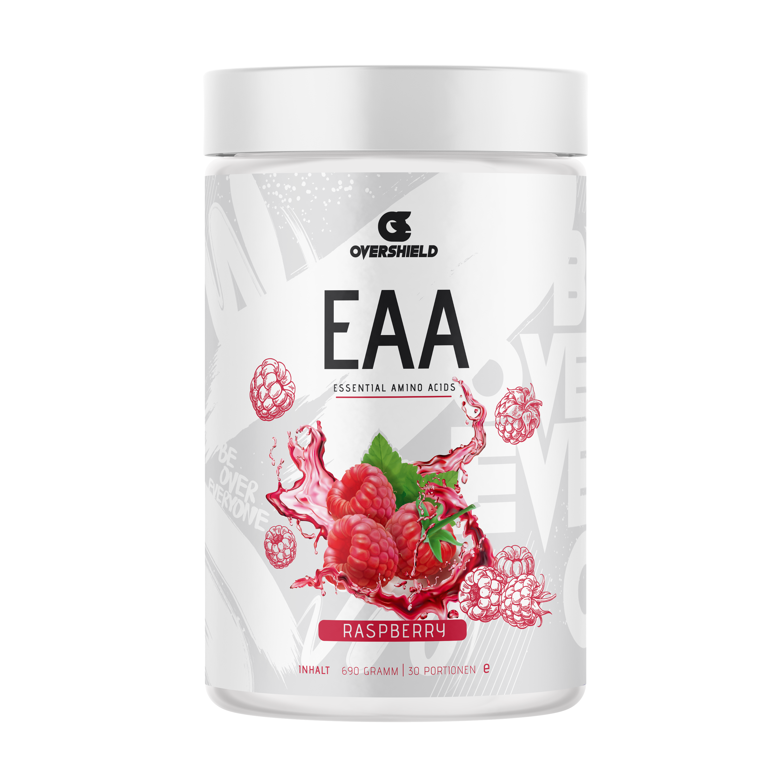 Raspberry EAA Aminosäuren in weißer Dose von Overshield. Der Inhalt entspricht 33 Portionen. Himbeeren.